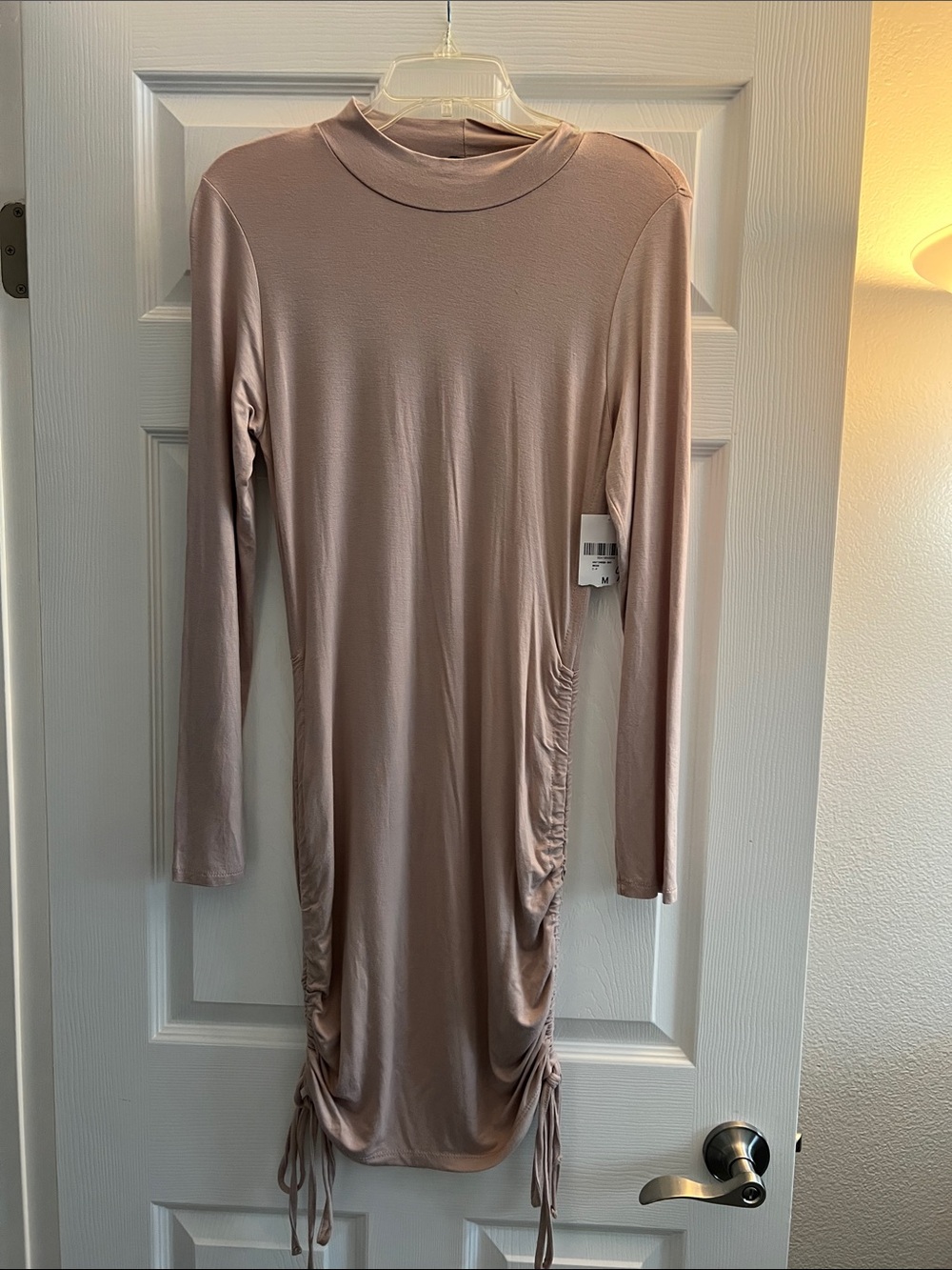 Long Sleeve Ruched Side Bodycon Dress - Beige